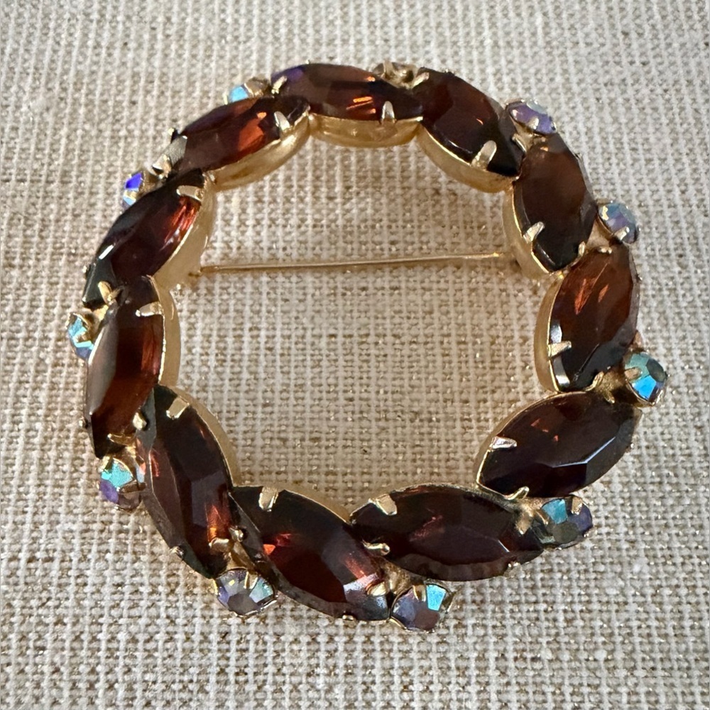 Gold-Tone Brown Marquise Crystal Wreath Brooch